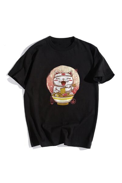 HOFFNUNG تي شيرت سباغيتي كات أسود للجنسين مقاس كبير