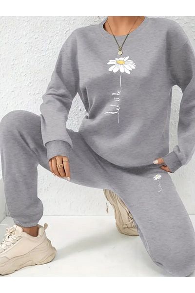 Frisson Rose Printed Crew Neck Bottom Top Set Oversize Tracksuit Set