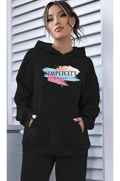 Frisson Simplicity is the Key Tracksuit Set Sweatshirt Jogger - Printed Oversize Shawl Hoodie