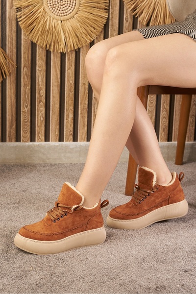 Nstil Günlük Kadın Taba Bot Bağcıklı Yüksek Kalın Tabanlı Kürklü Oval Burunlu Süet Hafif Bootie 1701