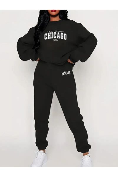 süper tekstil Printed Crew Neck Bottom Top Set Oversize Tracksuit Set