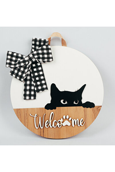 Hilaliart Welcome Kedi Figürlü Ahşap Kapı Süsü-kedili Ahşap Mdf Kapısüsü