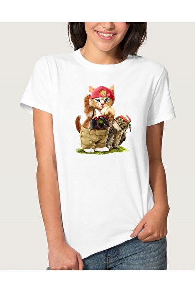 HOFFNUNG Tricou alb de damă pisică și bufniță acuarelă