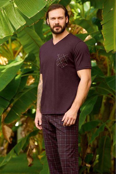 andredimoda Aydoğan Ανδρικό σετ πιτζάμες με λαιμόκοψη V με λαιμόκοψη – καρό στο επάνω μέρος και κάτω, 100% βαμβάκι