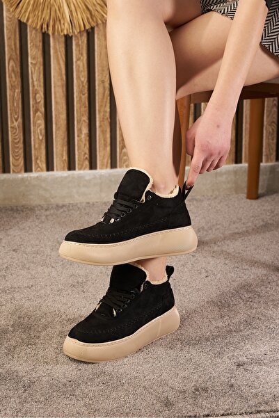 Allyup Günlük Kadın Siyah Bej Bot Bağcıklı Yüksek Kalın Tabanlı Kürklü Oval Burunlu Süet Hafif Bootie 1701