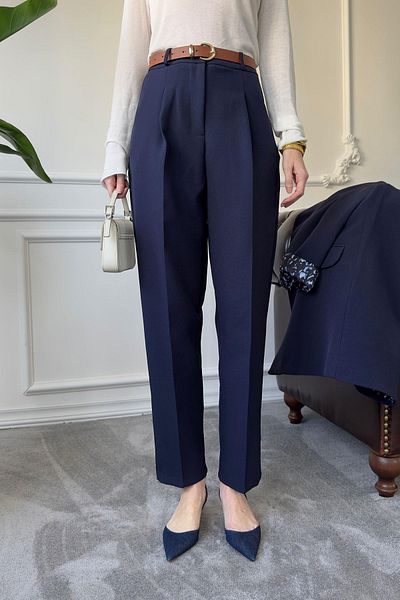 trendalisse Navy Blue Trousers for Women - Close-Fitting Leg, Pleated, Elastic Waist, Seasonal Fabric
