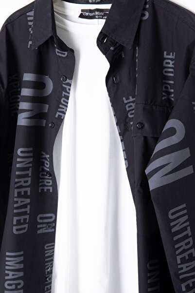 Cansın Mini 2-Piece Set with Black Printed Shirt and White T-Shirt for Boy - 20136