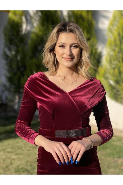 Kaleiçi Yıldızlar Bordo Yıldızlar Kadın Uzun Kollu V Yka Omzu Büzgülü Drapeli Kemerli Kadife Mini Abiye An38932 38932