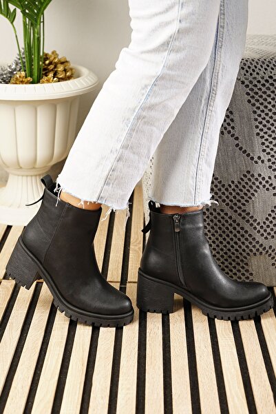 Allyup Günlük Kadın Siyah Bot Fermuarlı Kalın Yüksek Topuklu Traktör Tabanlı Kürklü Astarlı Bootie 2401