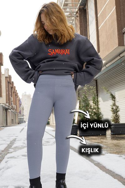 FREE ARSLAN COLLECTİON Women's Gray Corded High Waist Seamless Knitted Corded Leggings