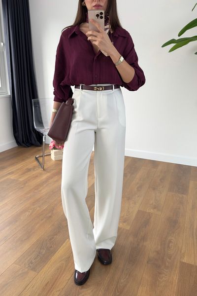 BİRCANÇİL Sulsa White Pleated Palazzo Trousers