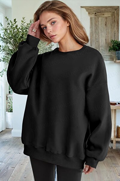 HOFFNUNG Unisex Black Basic 0 Crew Neck Unprinted Plain Oversize Loose Loose Fit Fleece Sweatshirt