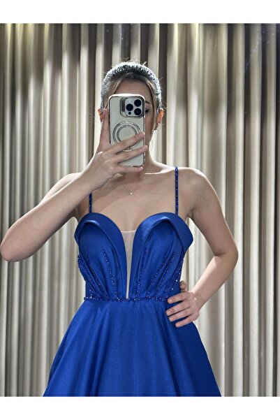 Kaleiçi Yıldızlar Saks Kayık Yaka İşlemeli Nişanlık Abiye Elbise 2090