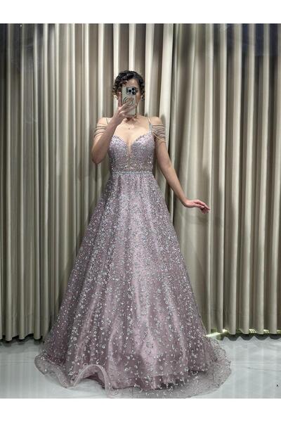 Kaleiçi Yıldızlar Pudra İp Askılı V Yaka Kolu Taşlı Simli Prenses Abiye Elbise HV668