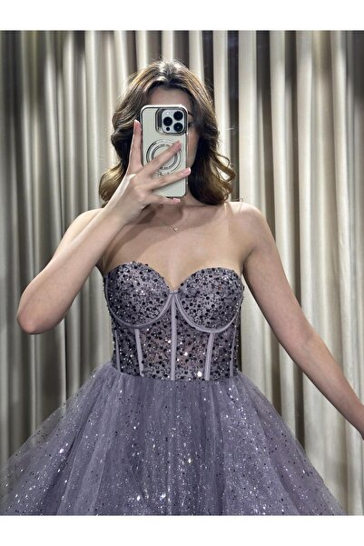 Kaleiçi Yıldızlar Lavanta Straplez Prenses Etek Üstü İncili Tül Abiye Elbise YY23102