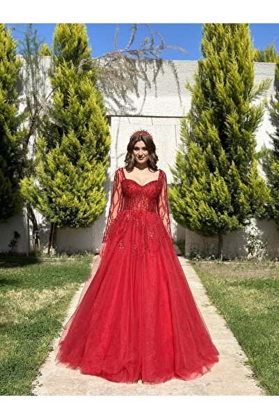 Kaleiçi Yıldızlar Kırmızı Uzun Kollu Tül Kollu Öpücük Yaka Abiye Elbise NOE1030