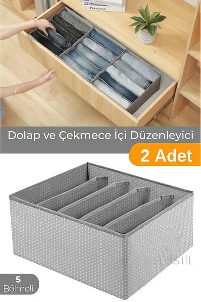 Serstil 2 Pieces Grey Spotted Storage Box - 5 Compartments Cabinet and Drawer Organizer