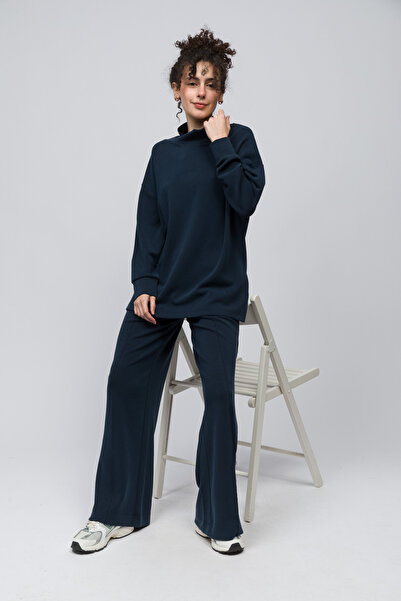 Dexia موليز - بنطال مودال بخياطة مضلعة وخط أمامي مريح وخصر مطاطي - لون أزرق داكن