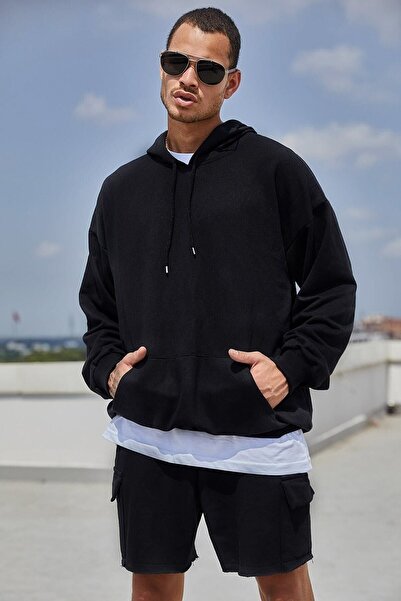 HOFFNUNG Hanorac negru, unisex, cu glugă, cu buzunar cangur