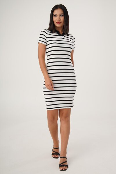 Hipo Trend Λευκό Μίντι Φόρεμα - Ριγέ Πουκάμισο Γιακά