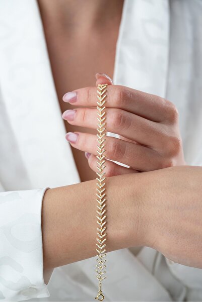 Nereze 925 Ayar Gümüş Gold Kaplama Zirkon Taşlı Balık Sırtı Model Bileklik