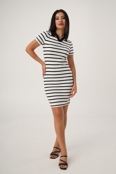 Hipo Trend Λευκό Μίντι Φόρεμα - Ριγέ Πουκάμισο Γιακά