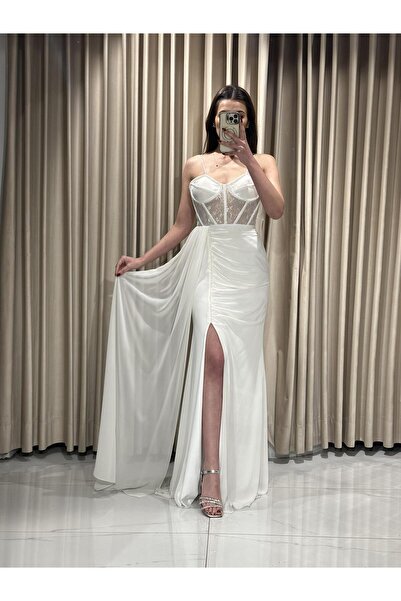 Kaleiçi Yıldızlar Beyaz Yıldızlar Kadın Üstü Güpür Göüs İşlemeli Beli Drapeli Yeni Sezon Şifon Abiye 5099