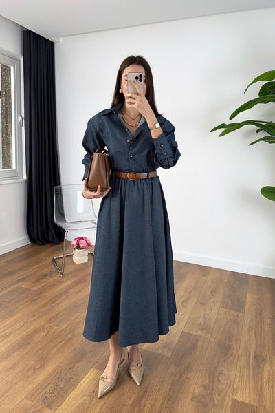 BİRCANÇİL Kuana Belt Detailed Navy Blue Skirt Shirt Set
