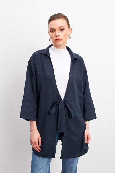 Yefrastore Navy Blue Flam Linen Kimono Shirt