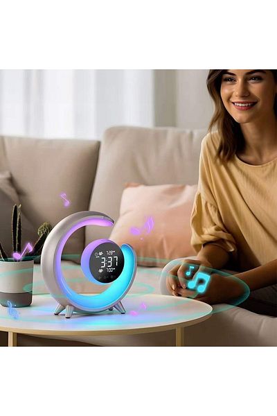 sharpdo مصباح منزلي RGB بجانب السرير مع إضاءة محيطية مع منبه مزدوج ووظيفة لمس مزدوجة للاستيقاظ بقوة 20 وات