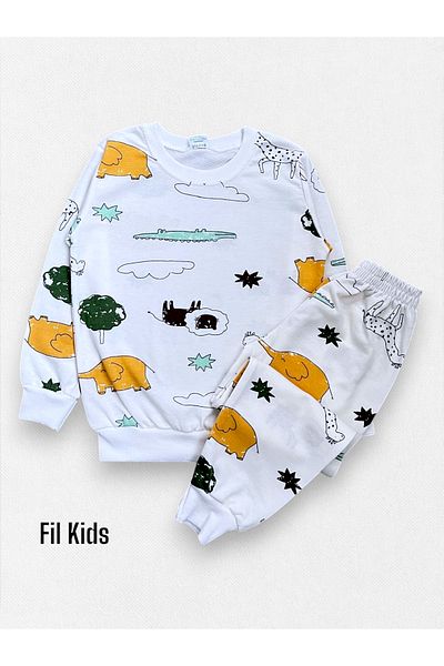 Fil Kids Boy's Cotton White Safari Lion Elephant Print Long Sleeve Seasonal Pajamas Set