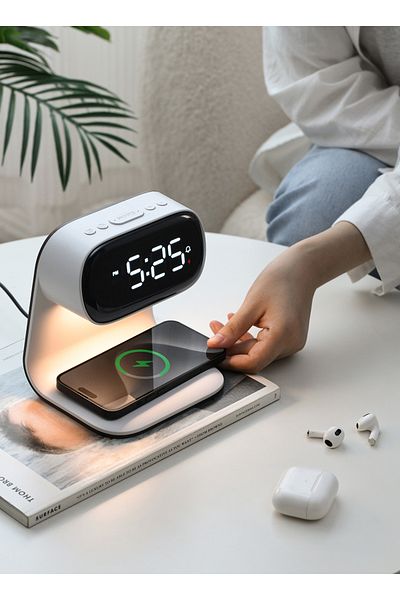 sharpdo LED Multi-Function 3-In-2 Night Light Alarm Clock with Wireless Charging
