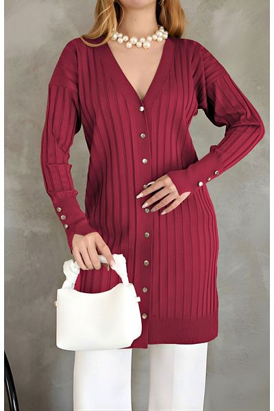 Modamorfo Metal Buttoned Slit Sweater Cardigan -Red