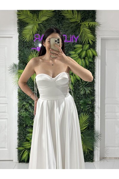 Kaleiçi Yıldızlar Beyaz Taş İpli Midi Boy Saten Yeni Sezon Abiye Elbise Ht8400 8400