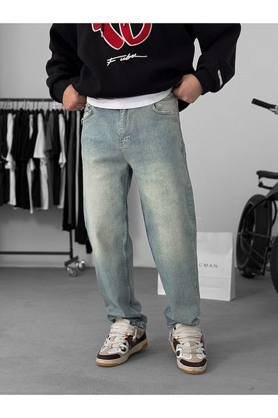 BYBASICMAN Light Blue Ripped Leg Wash Baggy Jeans C-6241