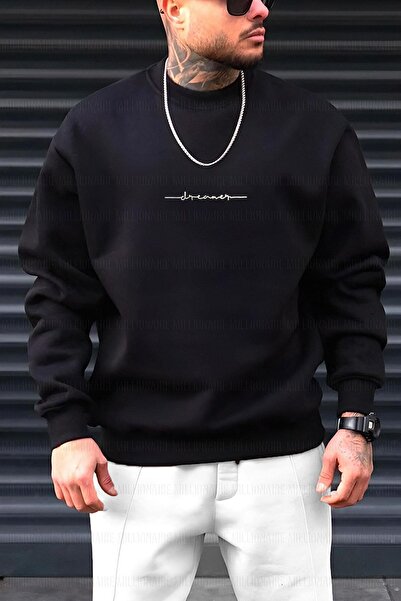 HOFFNUNG Men's Black Dreamer Printed 0 Crew Neck Oversize Loose Loose Fit Fleece Sweatshirt