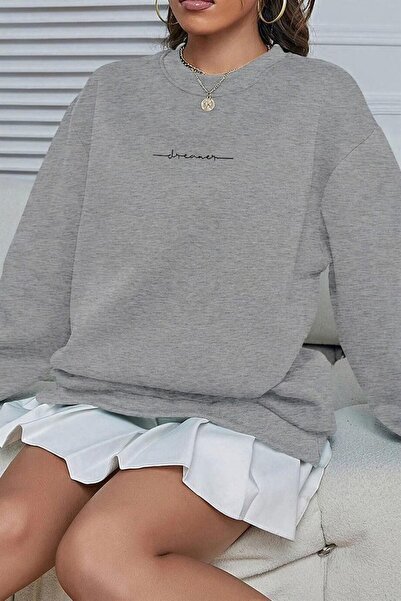 HOFFNUNG Women's Gray Dreamer Printed 0 Crew Neck Oversize Loose Loose Fit Fl...