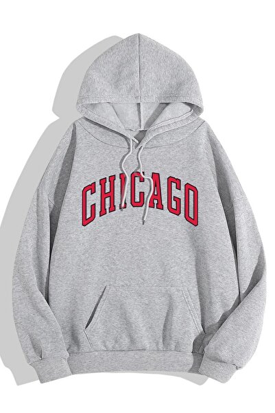 HOFFNUNG Hanorac supradimensionat, unisex, gri cu glugă, imprimat