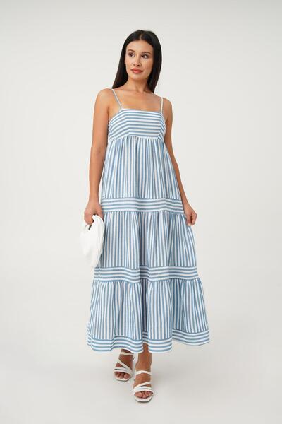 Hipo Trend Rochie lungă, lejeră, cu dungi albastre, cu bretele subțiri