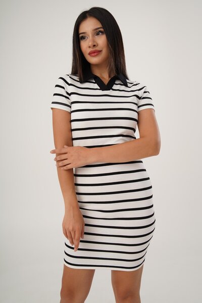 Hipo Trend Λευκό Μίντι Φόρεμα - Ριγέ Πουκάμισο Γιακά