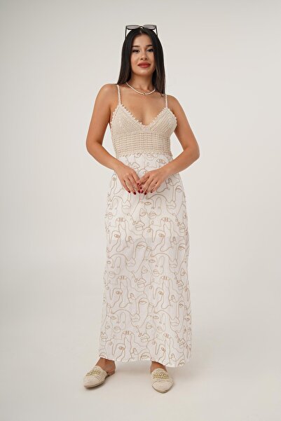 Hipo Trend Μπεζ μακρύ φόρεμα - Μοτίβο σιλουέτας προσώπου