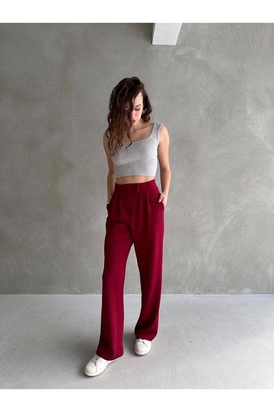 PALAZZO Women's Burgundy Velcro Palazzo High Waist Adjustable Waist Wide Leg