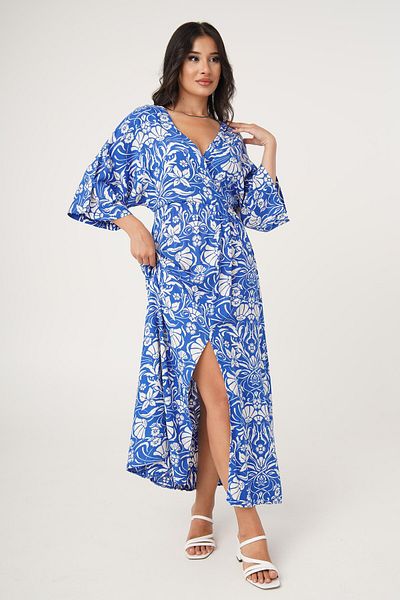 Hipo Trend Blue Floral Patterned Double-breasted Midi Dress