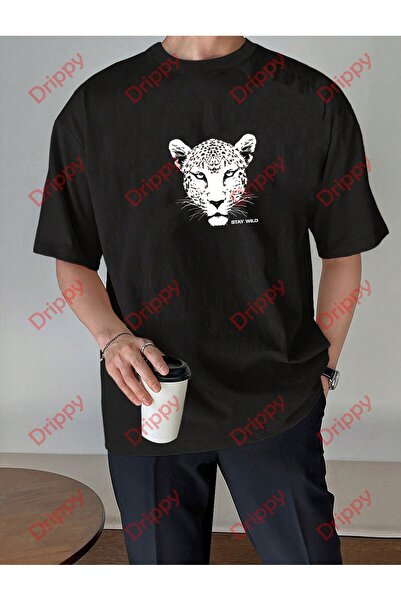 Drippy Leopard Stay Wild Štampano Oversize kroj Unisex periva majica crna