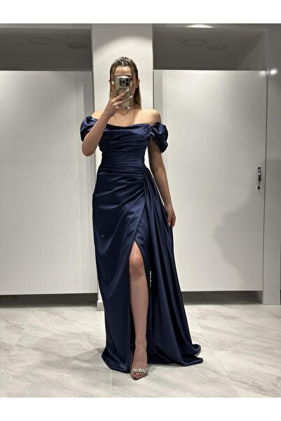 Kaleiçi Yıldızlar Kayık Yaka Düşük Kol Önü Drapeli Yırtmaçlı Yandan Pelerinli Balık  Abiye En4858 4858