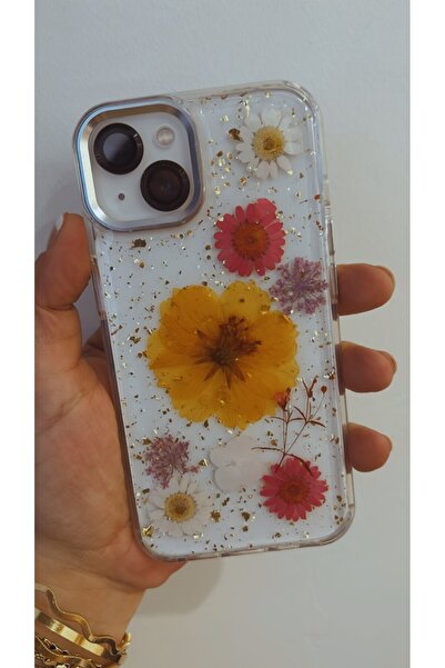By Semra İphone 13/14 uyumlu Gerçek Kurutulmuş Çiçek Dizayn Krom Çerçeveli Şe...