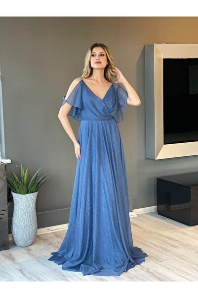 Kaleiçi Yıldızlar İndigo İp Askılı Arkası Brid Bağlamalı Yarım kollu V Yaka Uzun Kiloş Yeni Sezon Abiye Elbise Na5190