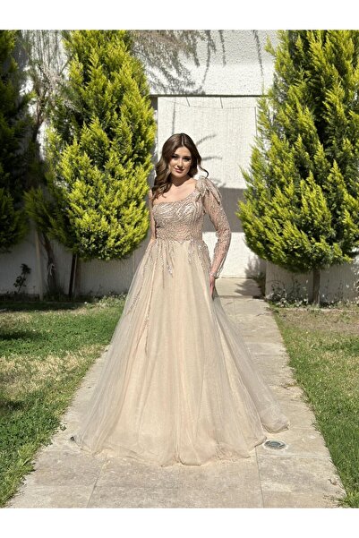 Kaleiçi Yıldızlar Bakır Tek Omuz Uzun Kol Tül Etek Abiye Elbise NOE3000