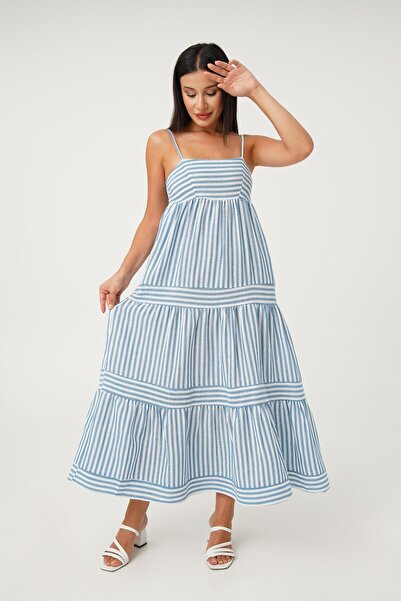 Hipo Trend Rochie lungă, lejeră, cu dungi albastre, cu bretele subțiri