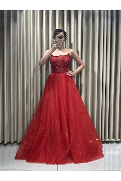 Kaleiçi Yıldızlar Kırmızı Mini Pelerinli Özel Tasarım Taş İşlemeli Abiye Elbi...